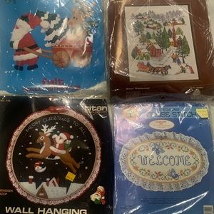4 Vintage 1980s stitchery kits.  2 Christmas felt, cross stitch & crewel